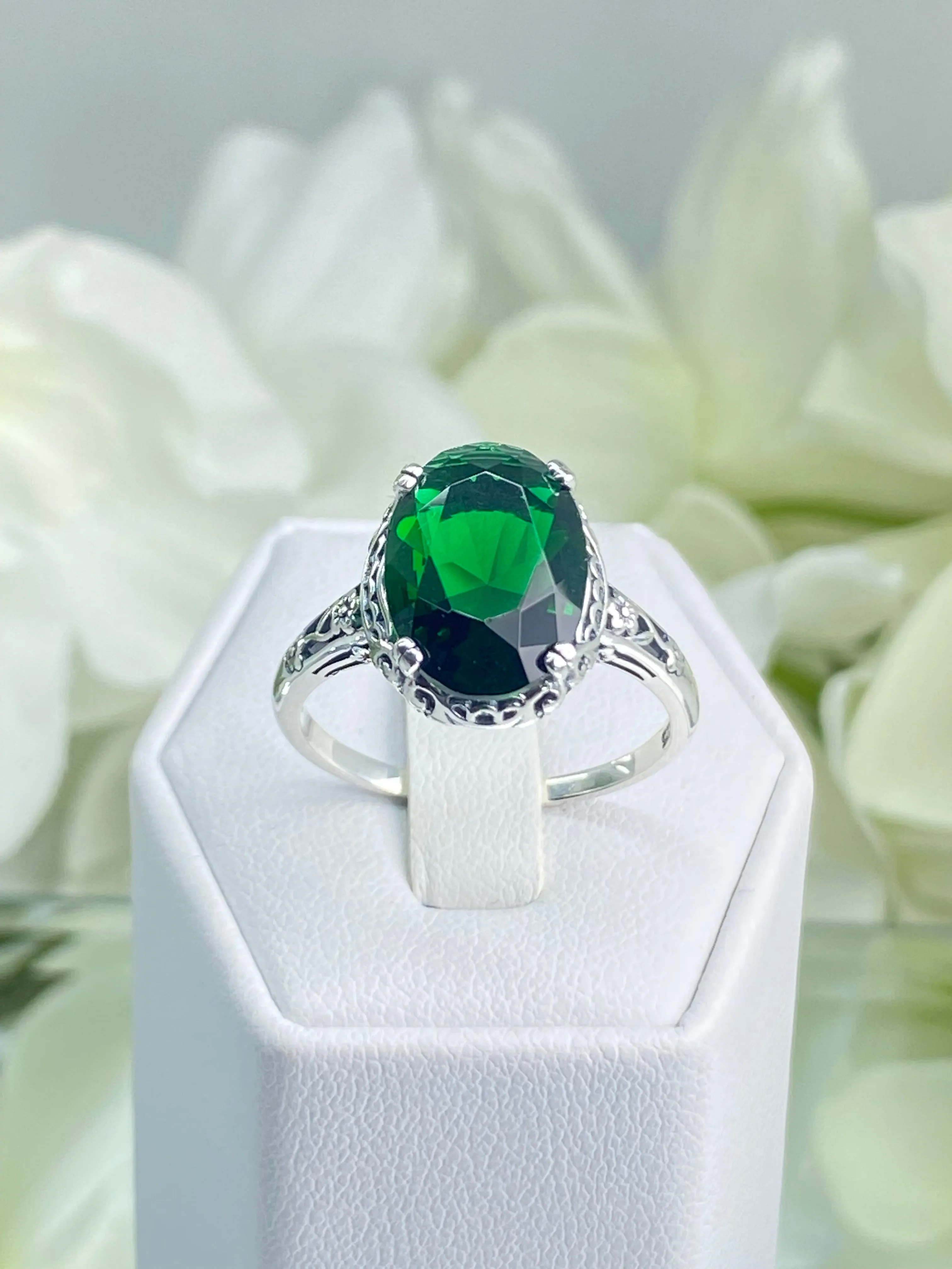Emerald Ring, Size 9, Sterling Silver Edwardian Jewelry #D70 - Ready to Ship