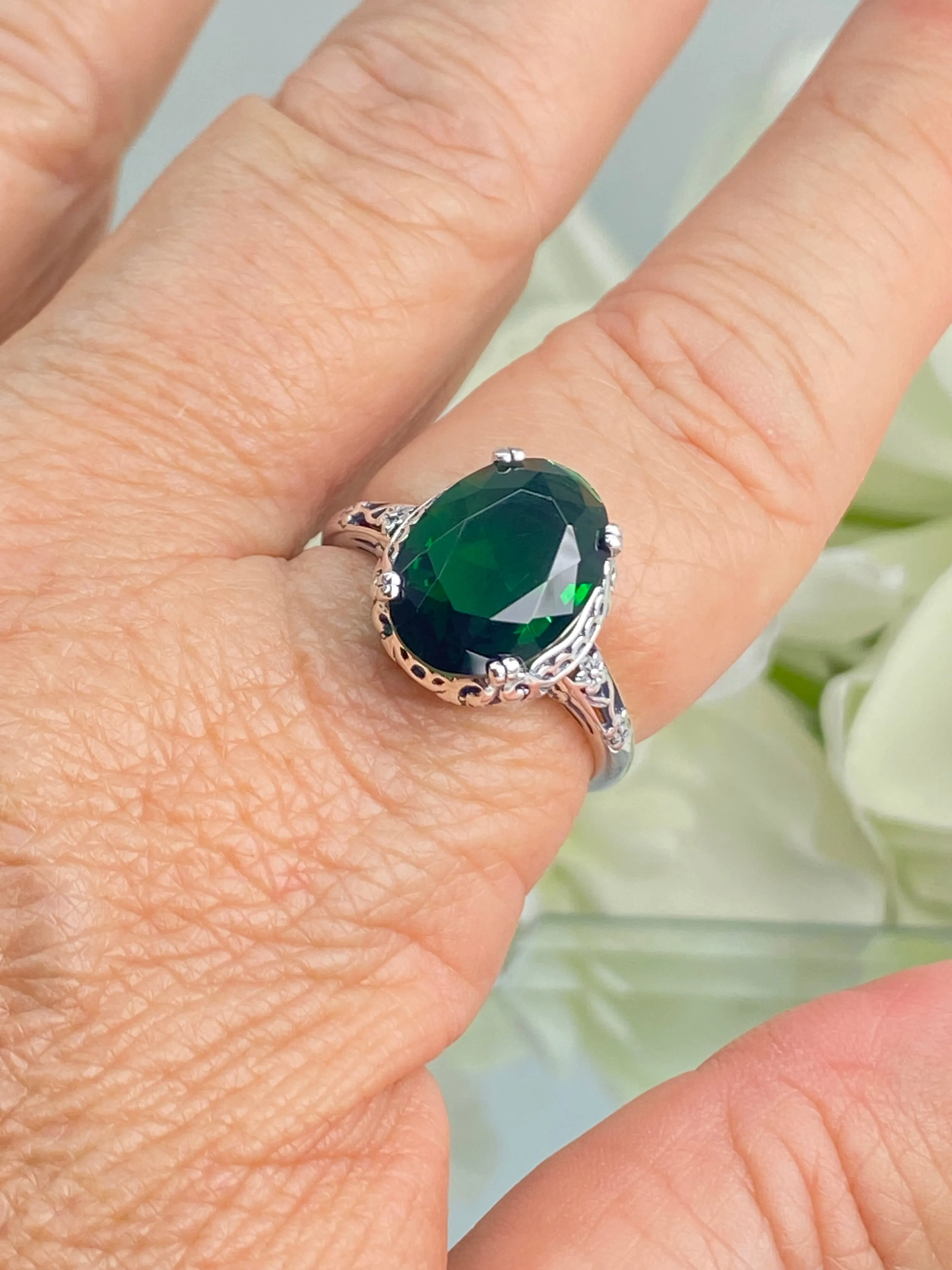 Emerald Ring, Size 9, Sterling Silver Edwardian Jewelry #D70 - Ready to Ship