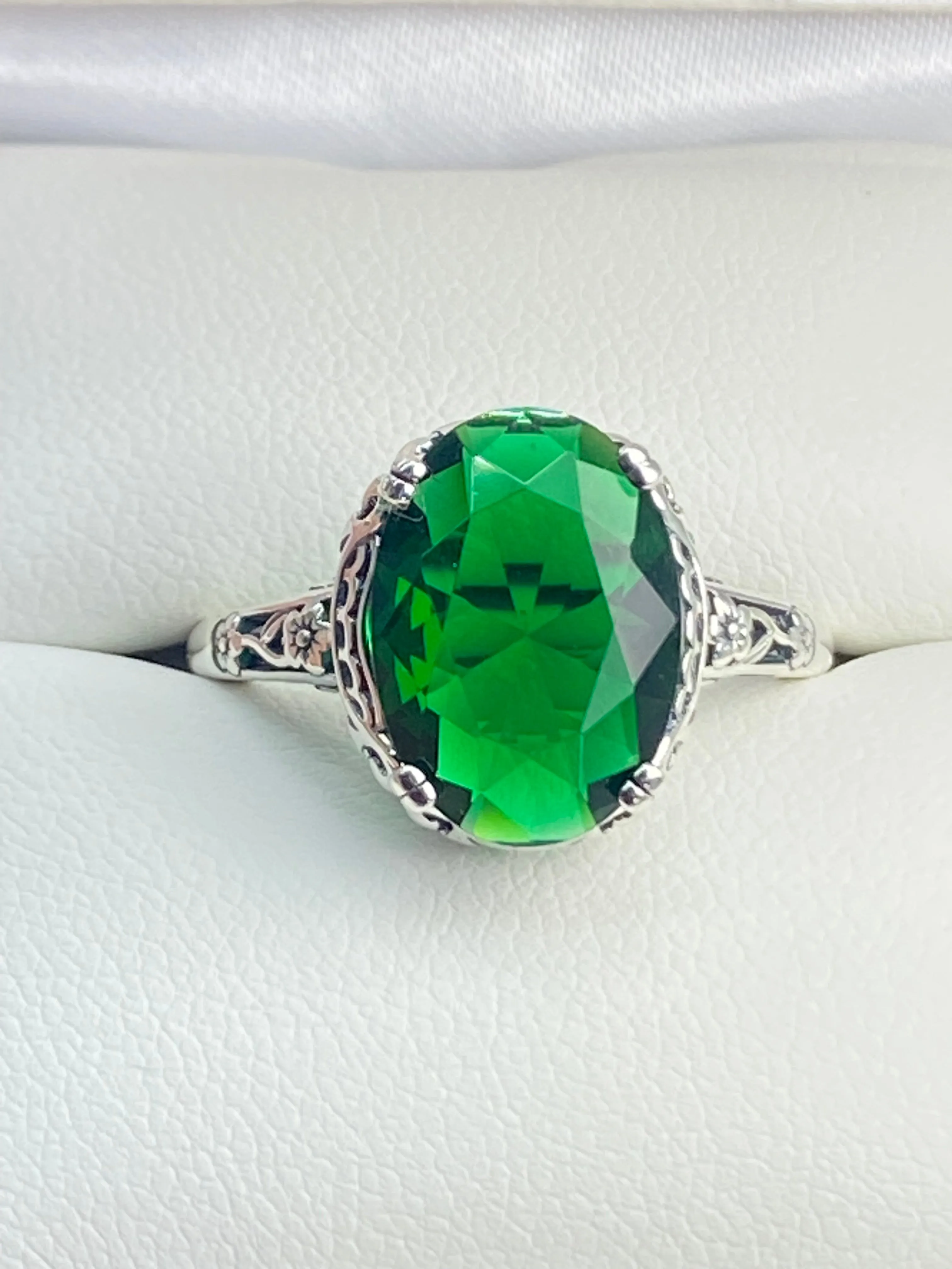 Emerald Ring, Size 9, Sterling Silver Edwardian Jewelry #D70 - Ready to Ship
