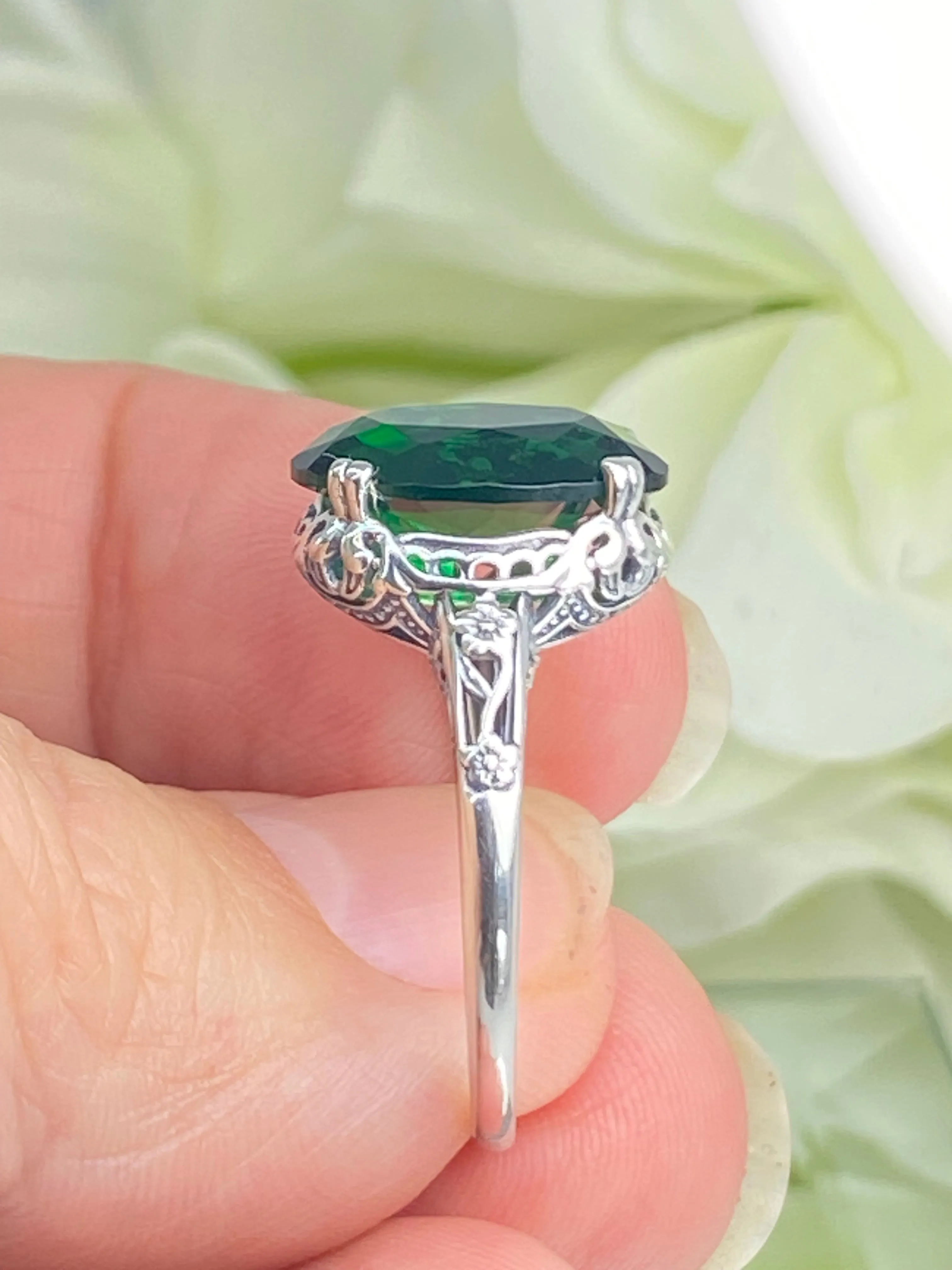 Emerald Ring, Size 9, Sterling Silver Edwardian Jewelry #D70 - Ready to Ship