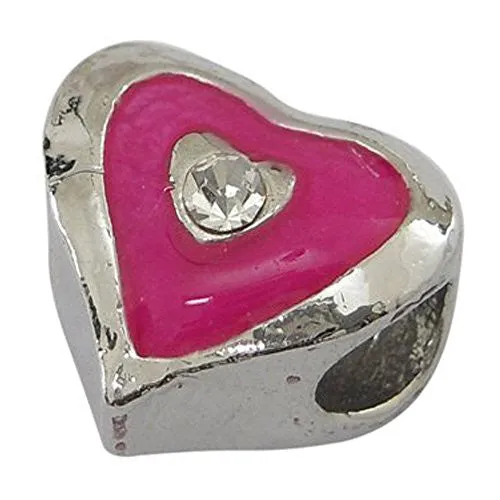 Enamel Pink Heart with  Rhinestone Bead European Bead Compatible for Most European Snake Chain Charm Bracelet