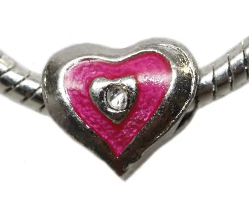 Enamel Pink Heart with  Rhinestone Bead European Bead Compatible for Most European Snake Chain Charm Bracelet