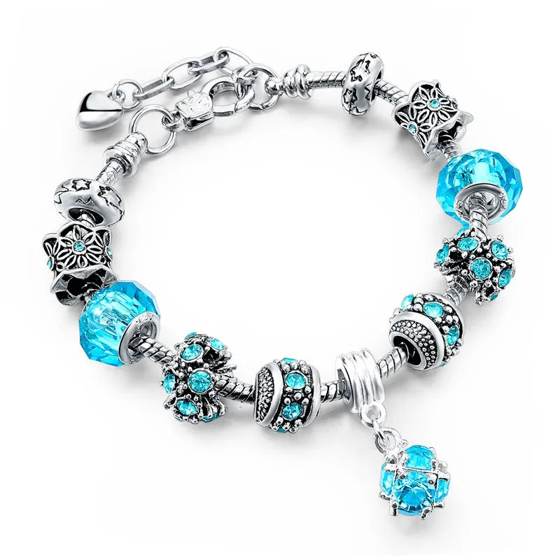 European Style Authentic Tibetan Silver Blue Crystal Charm Bracelets for Women Original DIY Jewelry Christmas Gift