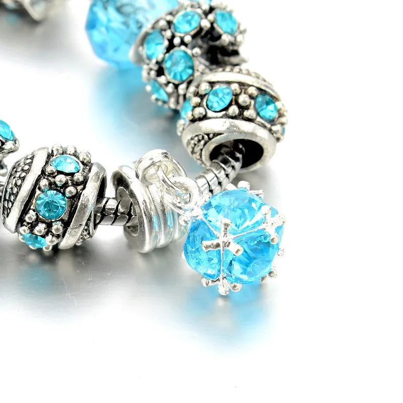 European Style Authentic Tibetan Silver Blue Crystal Charm Bracelets for Women Original DIY Jewelry Christmas Gift
