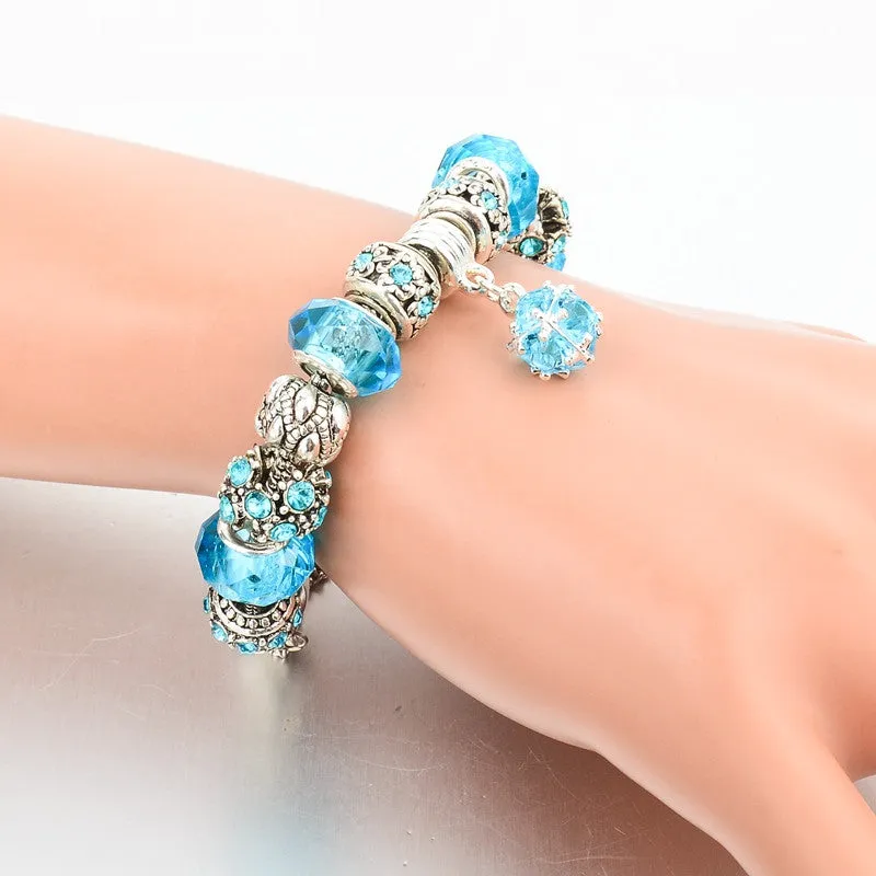 European Style Authentic Tibetan Silver Blue Crystal Charm Bracelets for Women Original DIY Jewelry Christmas Gift