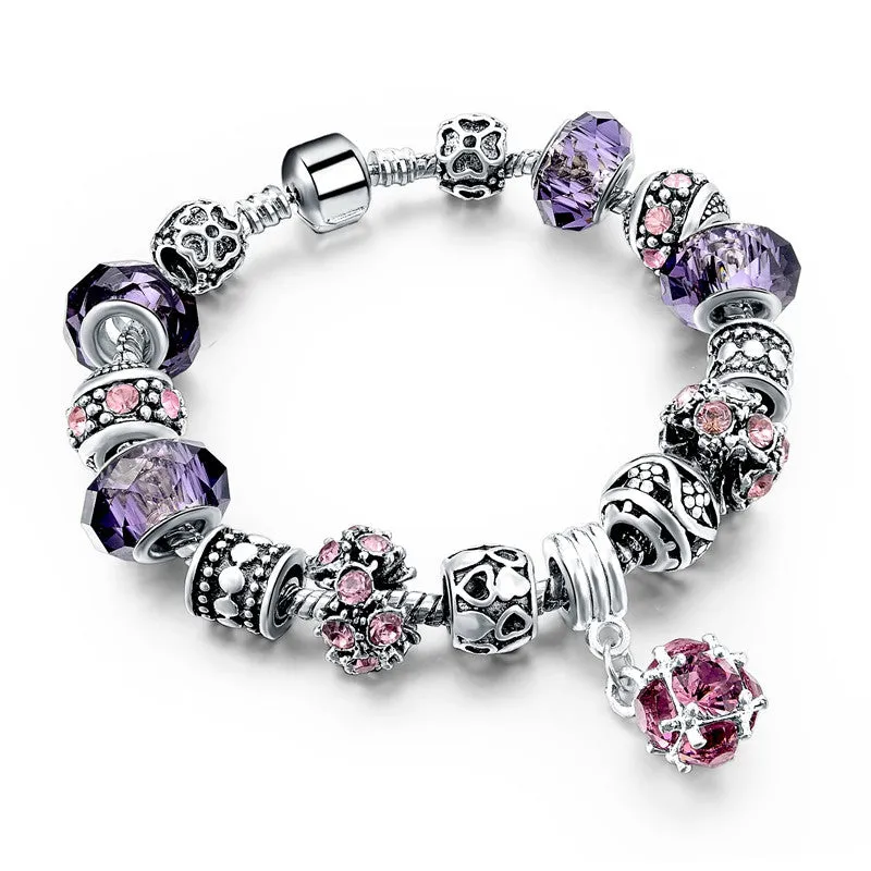 European Style Authentic Tibetan Silver Blue Crystal Charm Bracelets for Women Original DIY Jewelry Christmas Gift
