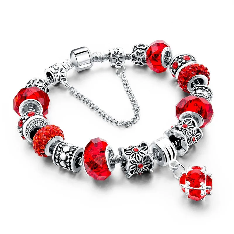 European Style Authentic Tibetan Silver Blue Crystal Charm Bracelets for Women Original DIY Jewelry Christmas Gift