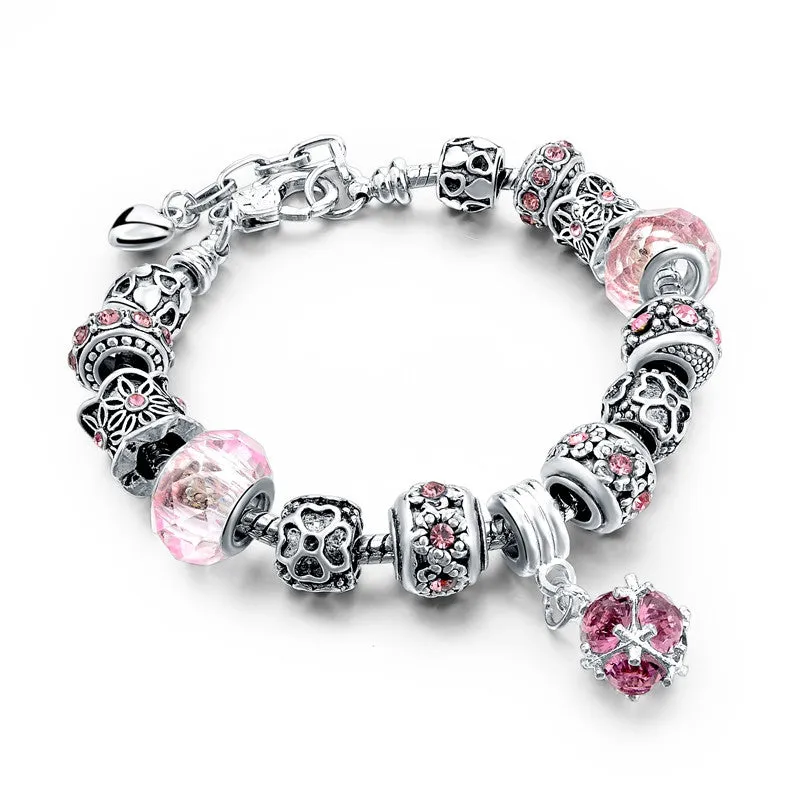 European Style Authentic Tibetan Silver Blue Crystal Charm Bracelets for Women Original DIY Jewelry Christmas Gift