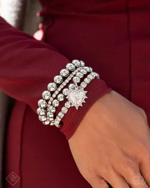 Excessive Elegance - White - Rhinestone Silver Bead and Heart Charm Paparazzi Stretchy Bracelet - September 2024 Fiercely 5th Avenue