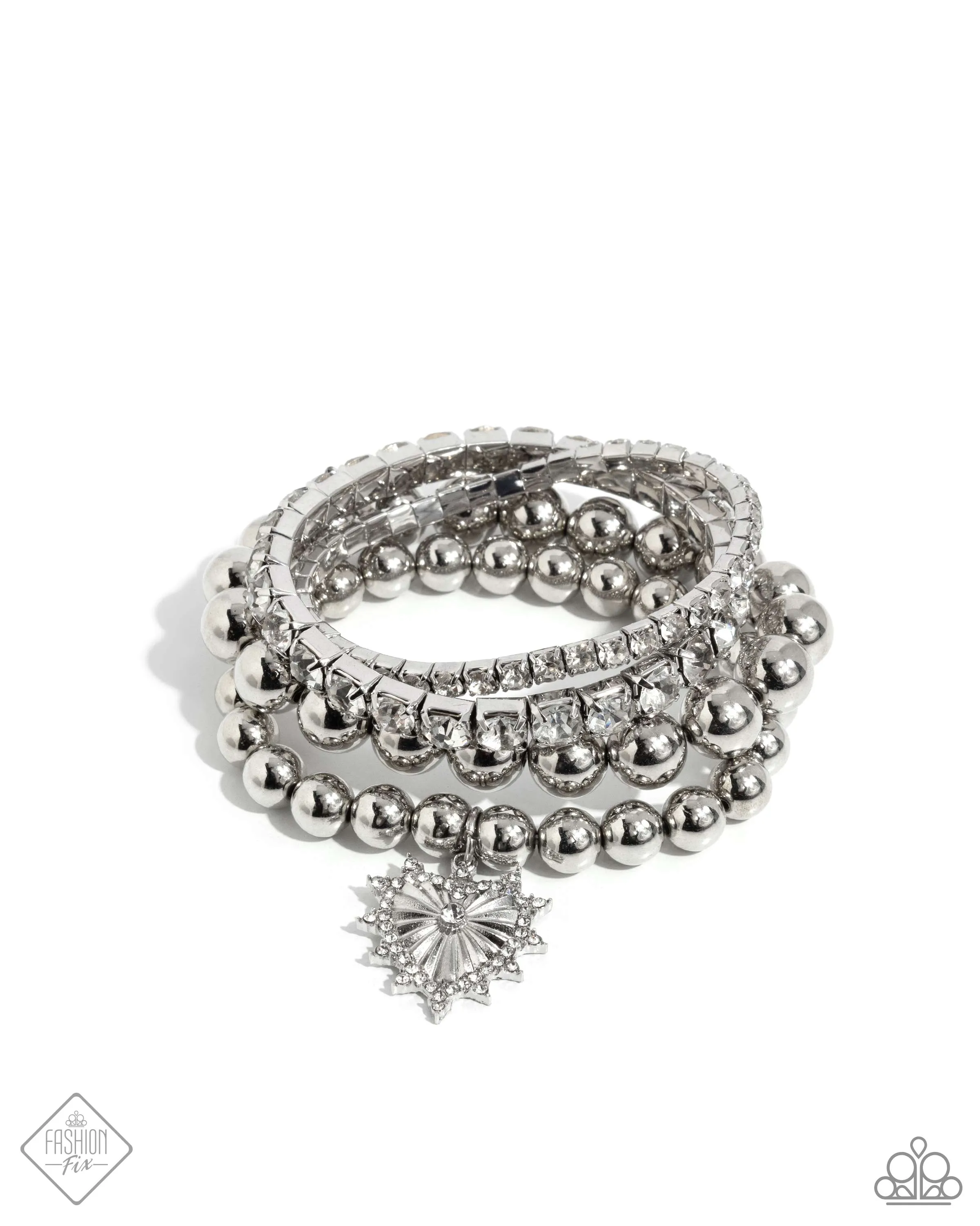 Excessive Elegance - White - Rhinestone Silver Bead and Heart Charm Paparazzi Stretchy Bracelet - September 2024 Fiercely 5th Avenue