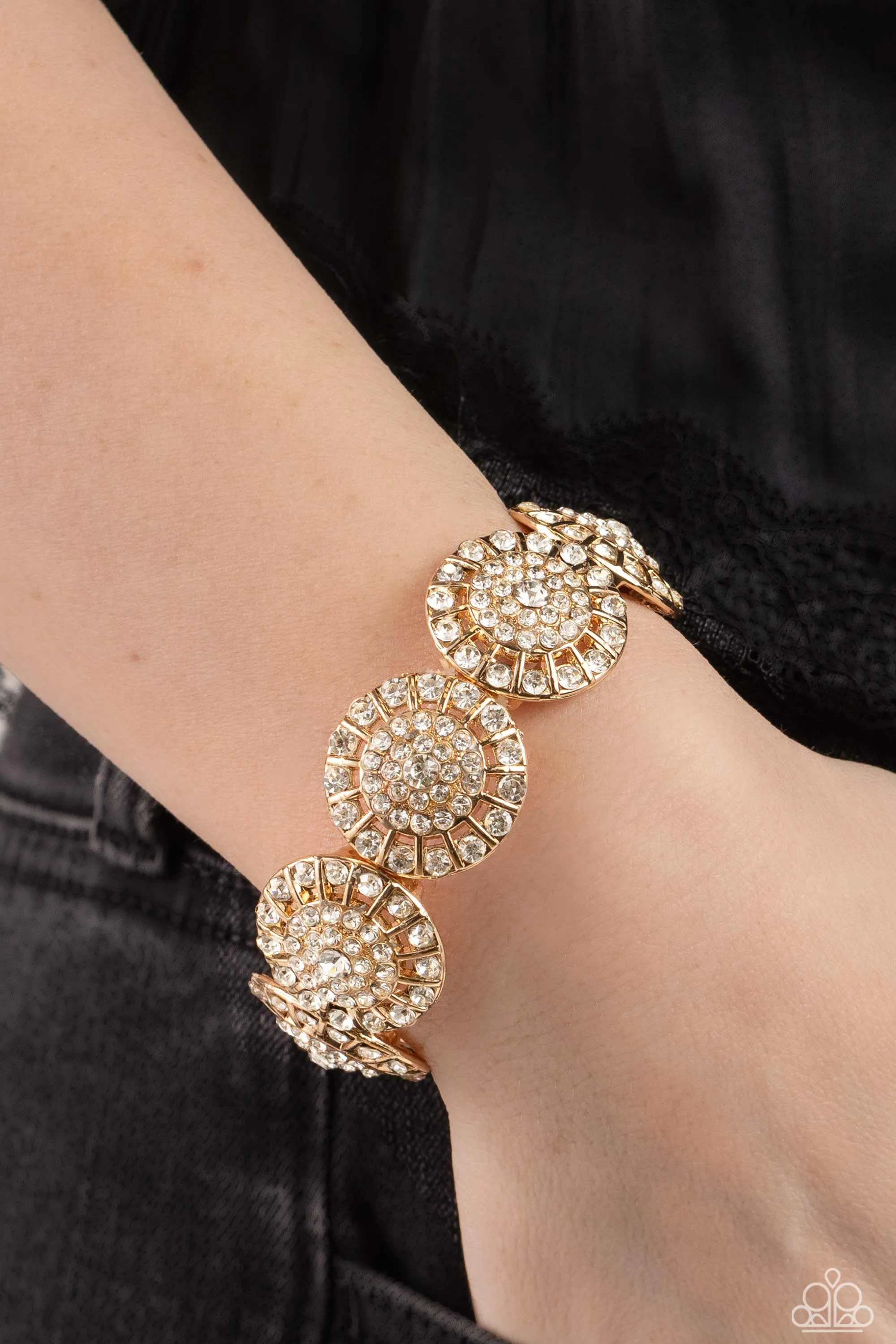Executive Elegance - Gold - White Rhinestone Disc Paparazzi Stretchy Bracelet