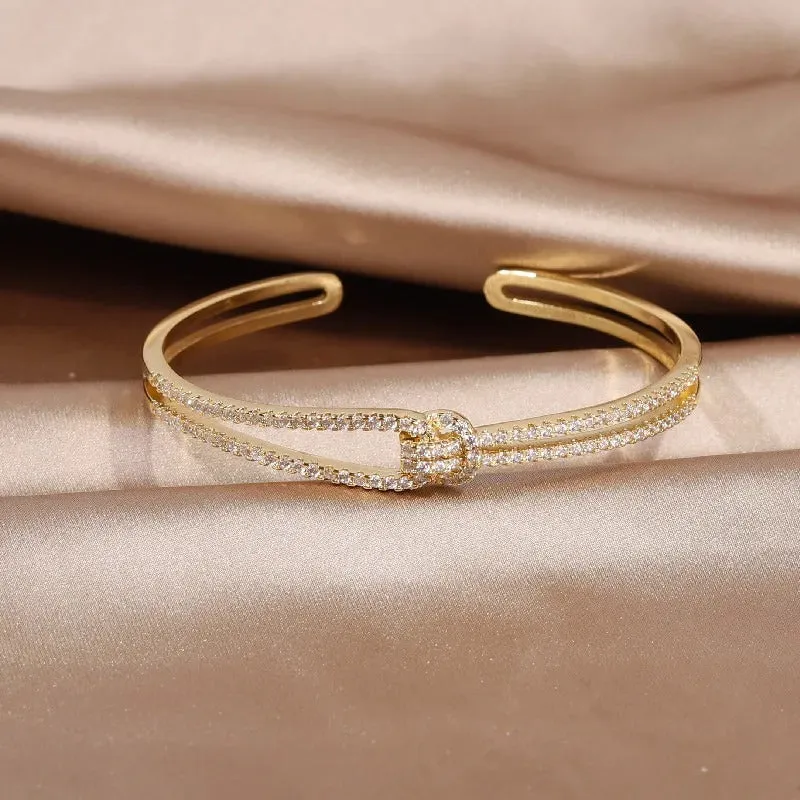 Exquisite 4K Real Gold-Plated Bracelet with AAA Luxury Full Zircon Knot Detail - Elegant and Adjustable