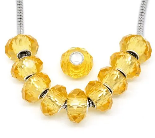Faceted Murano Glass Charm European Bead Compatible for Most European Snake Chain Bracelet (Gold Yellow Topaz)