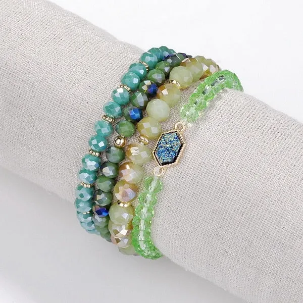 Faceted Natural Stone Glass Beads Elastic Bracelet