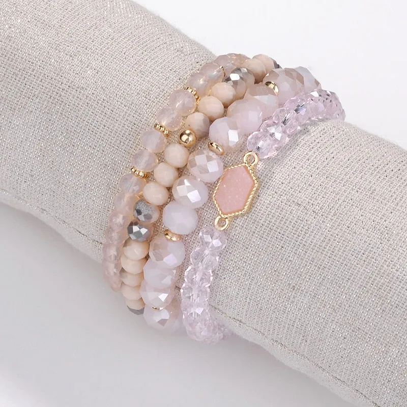Faceted Natural Stone Glass Beads Elastic Bracelet