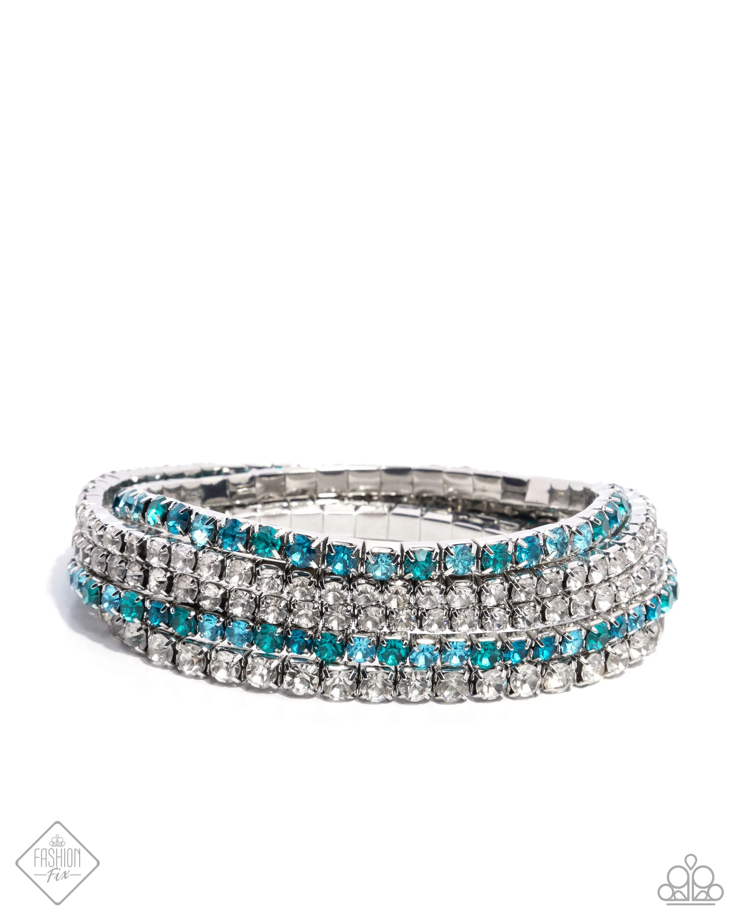 Feminine Fan - Blue - and White Gem Paparazzi Stretchy Bracelet - July 2024 Fiercely 5th Avenue