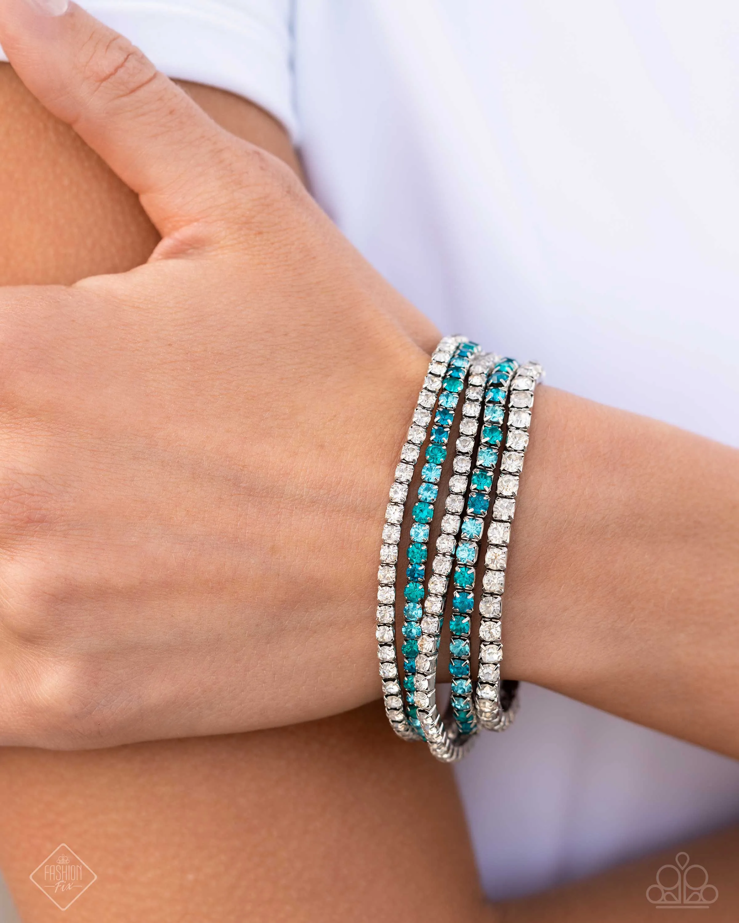 Feminine Fan - Blue - and White Gem Paparazzi Stretchy Bracelet - July 2024 Fiercely 5th Avenue