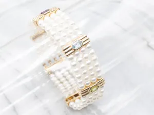 Four Strand Saltwater Pearl Bracelet with Rainbow Gem Accents