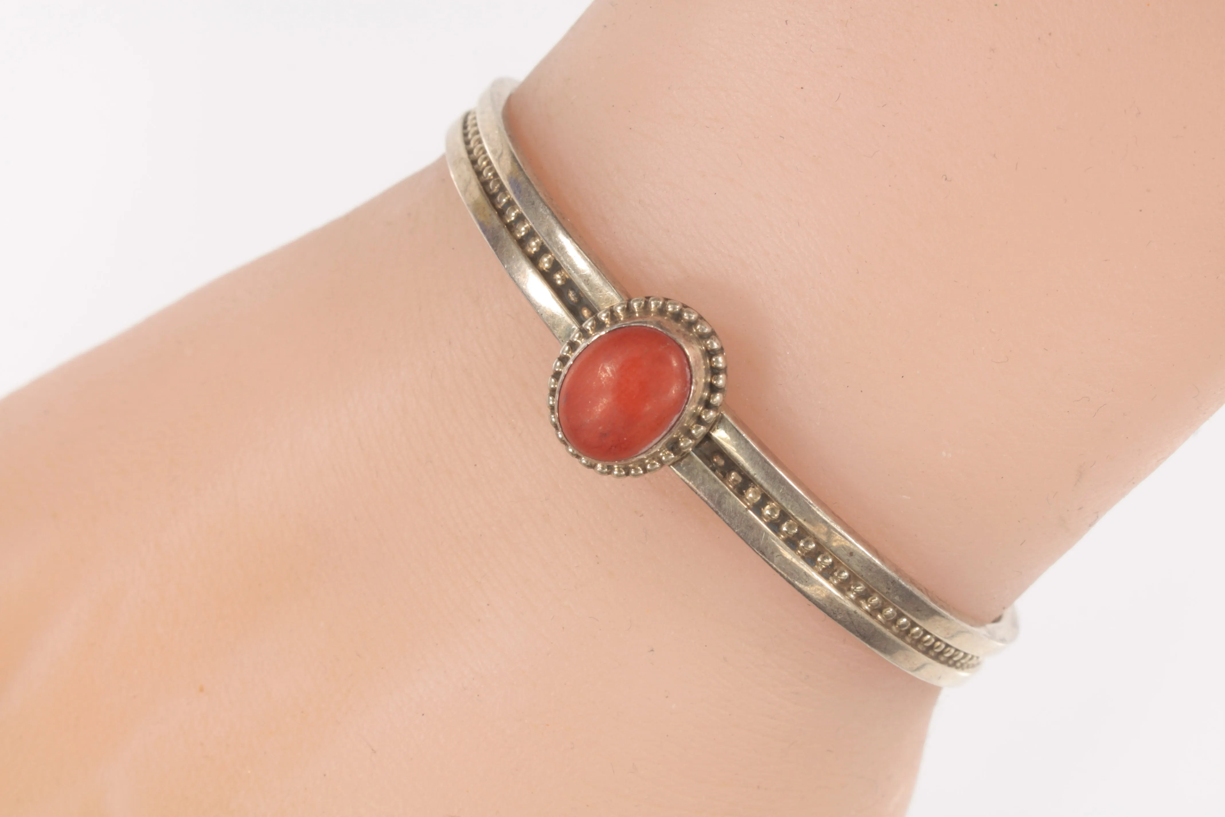 Gene Nataan Sterling Silver Red Coral Cuff Bracelet 15.7g
