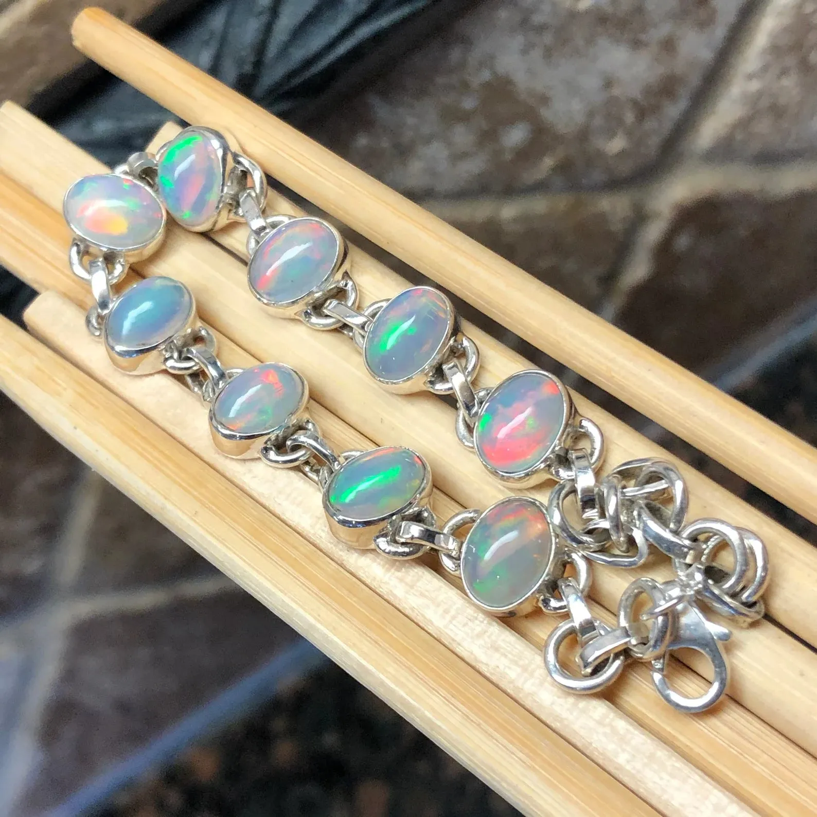 Genuine Ethiopian Opal 925 Solid Sterling Silver Unisex Bracelets 8"