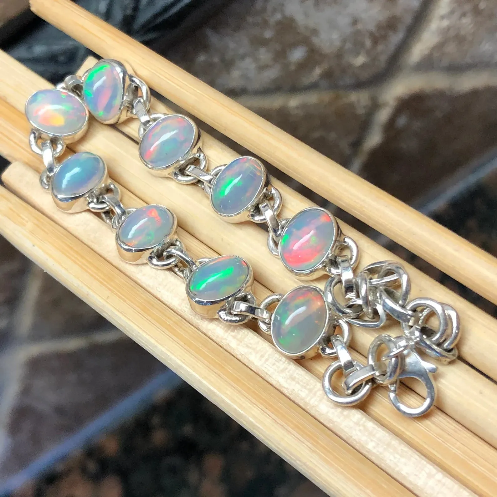 Genuine Ethiopian Opal 925 Solid Sterling Silver Unisex Bracelets 8"