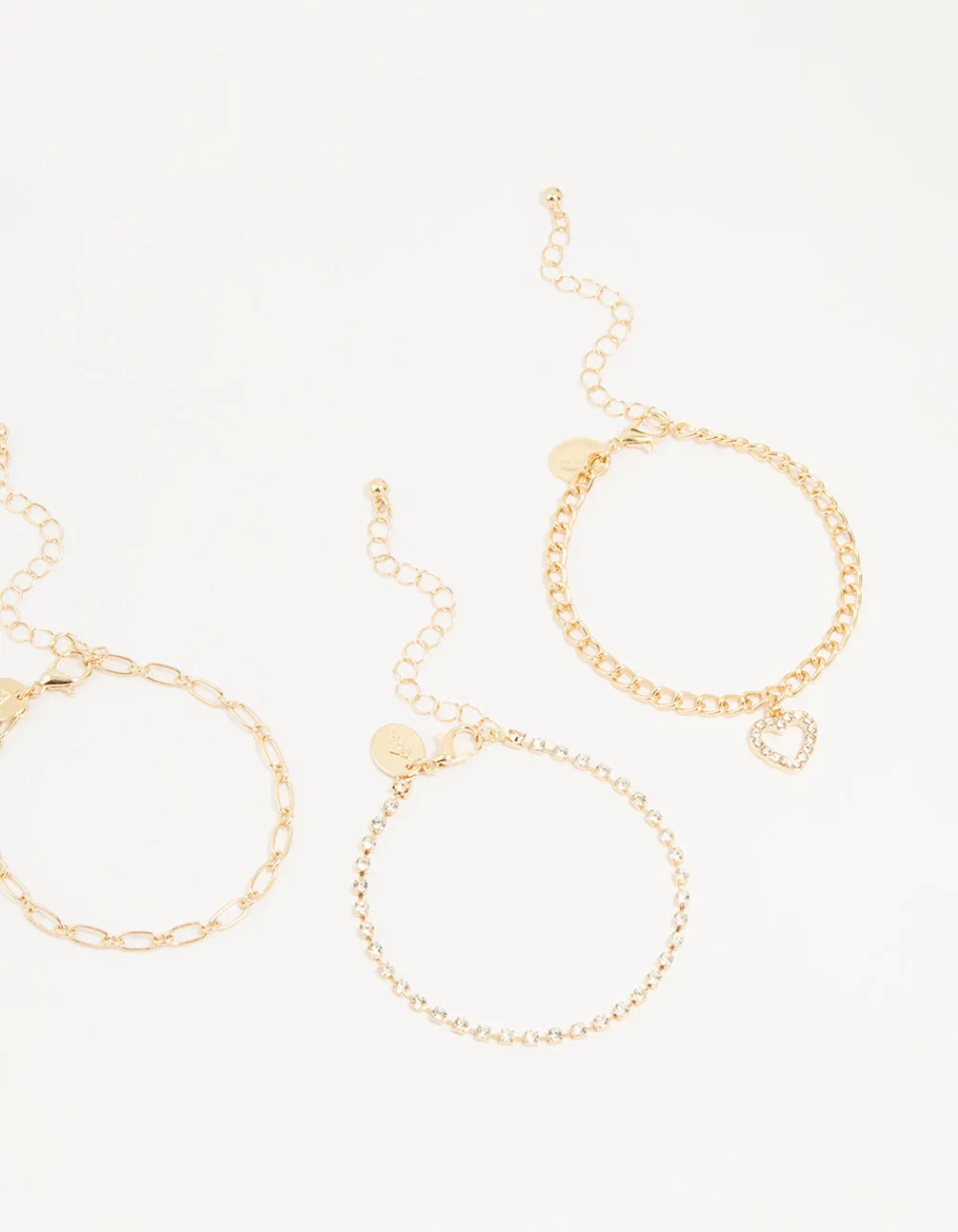Gold Diamante Mixed Chain Heart Bracelets 3-Pack