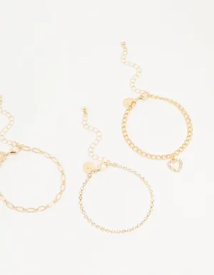 Gold Diamante Mixed Chain Heart Bracelets 3-Pack