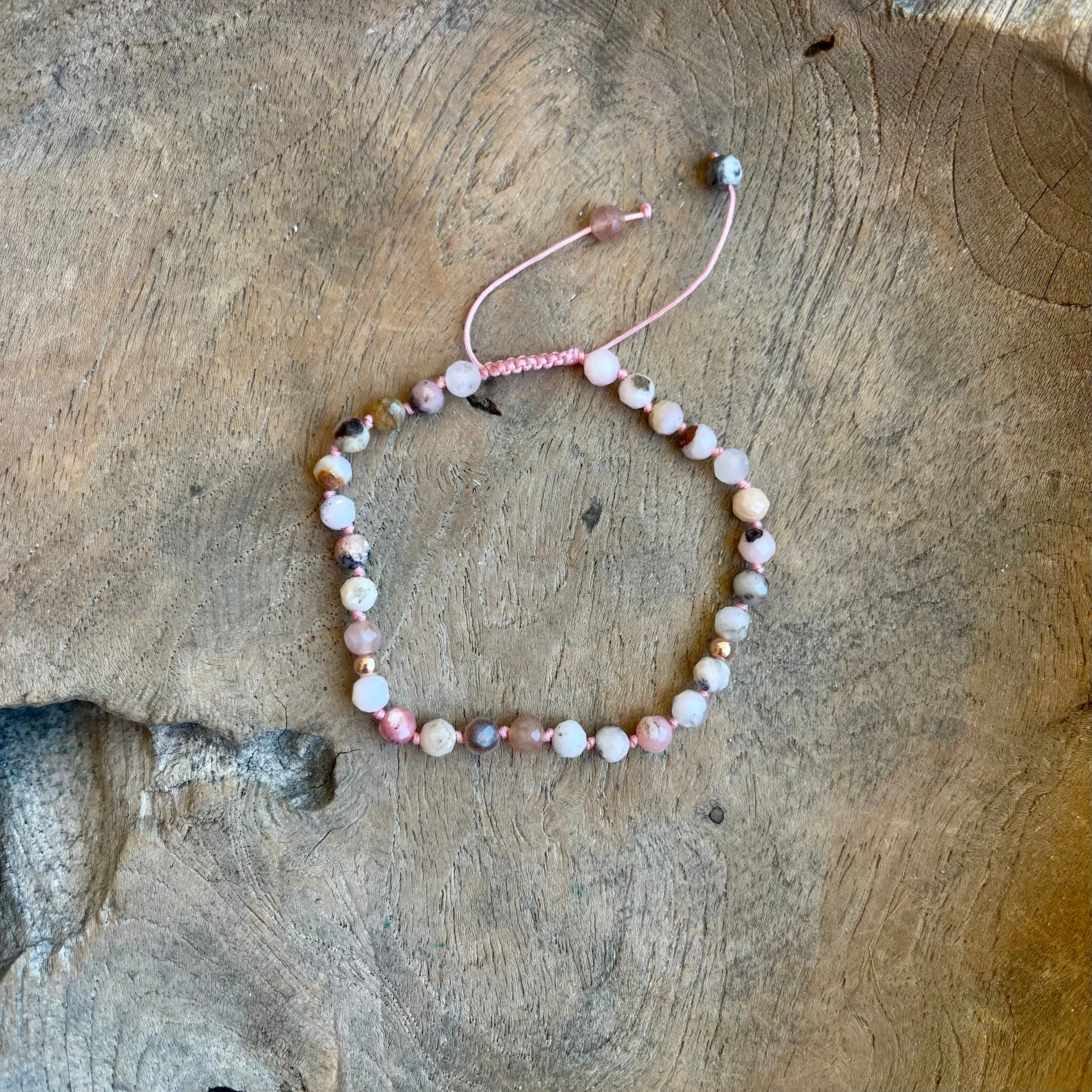 Gold - Pink Opal Adjustable Beaded Bracelet
