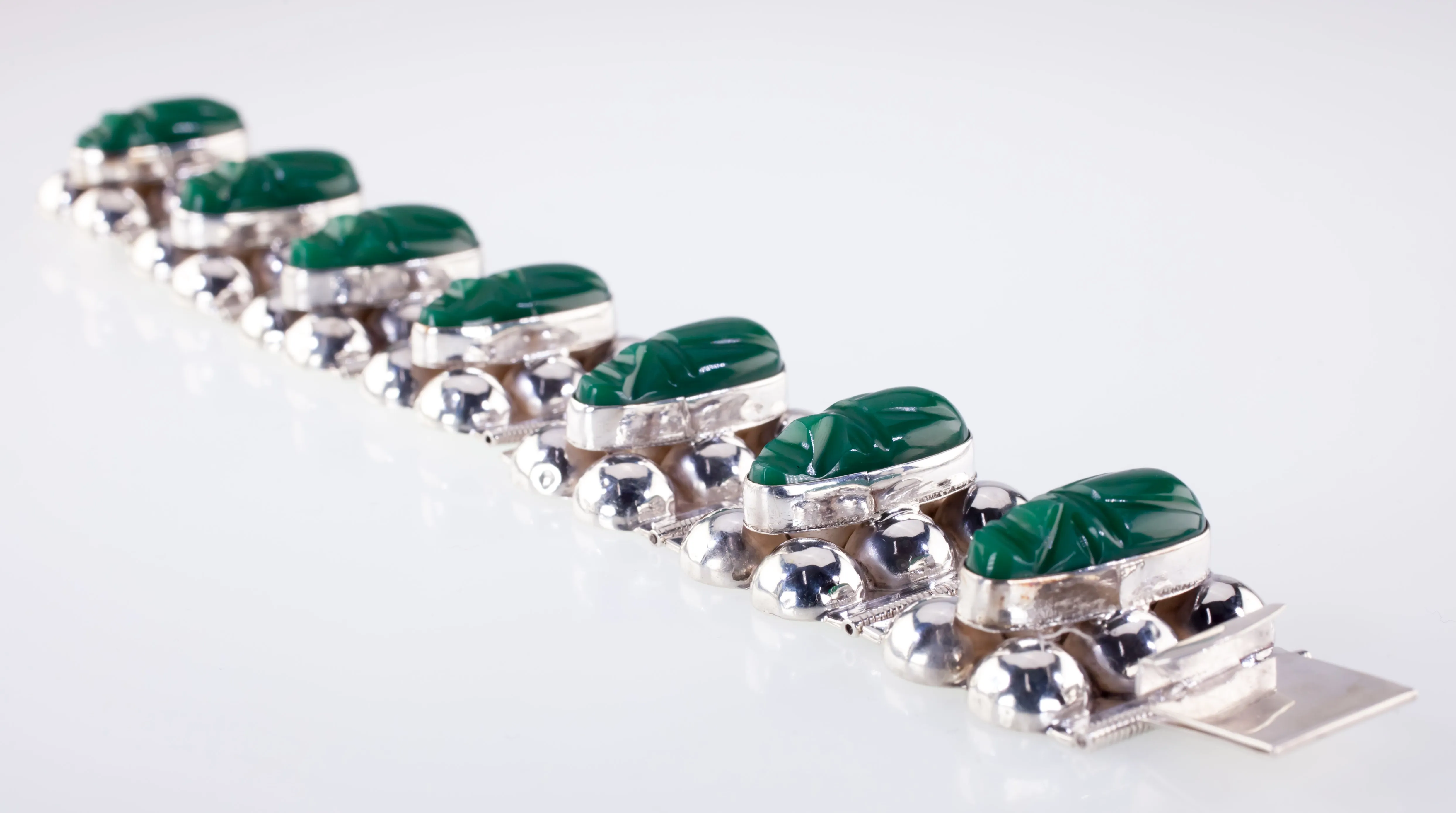 Gorgeous Sterling Silver Green Jade Warrior Bracelet Made in Mexico