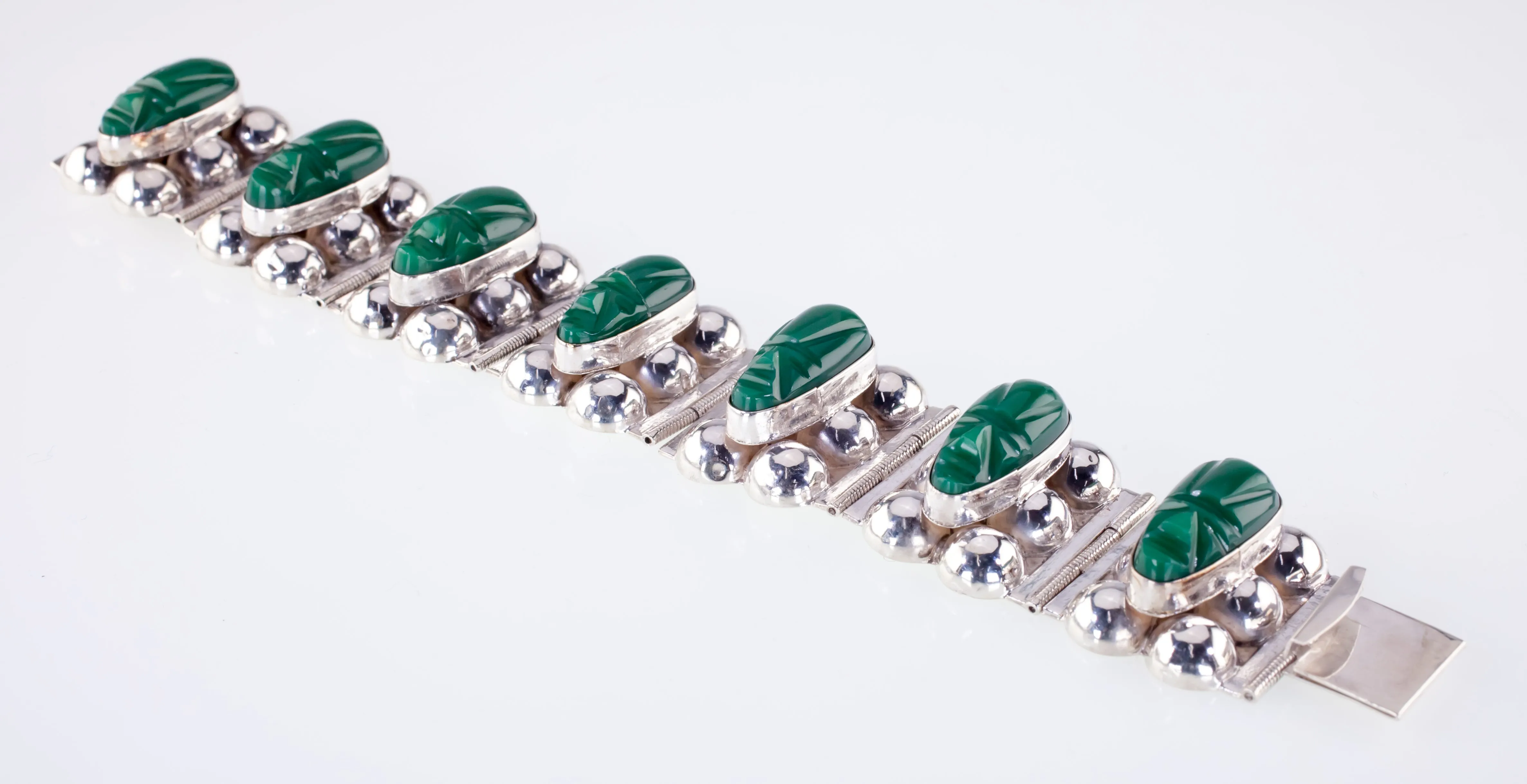 Gorgeous Sterling Silver Green Jade Warrior Bracelet Made in Mexico
