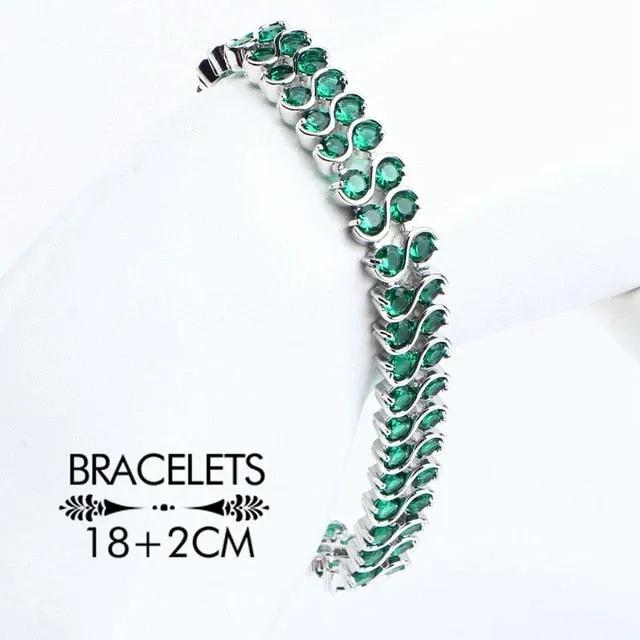 Green CZ Silver Pendant Necklace Bracelets Earrings and Ring