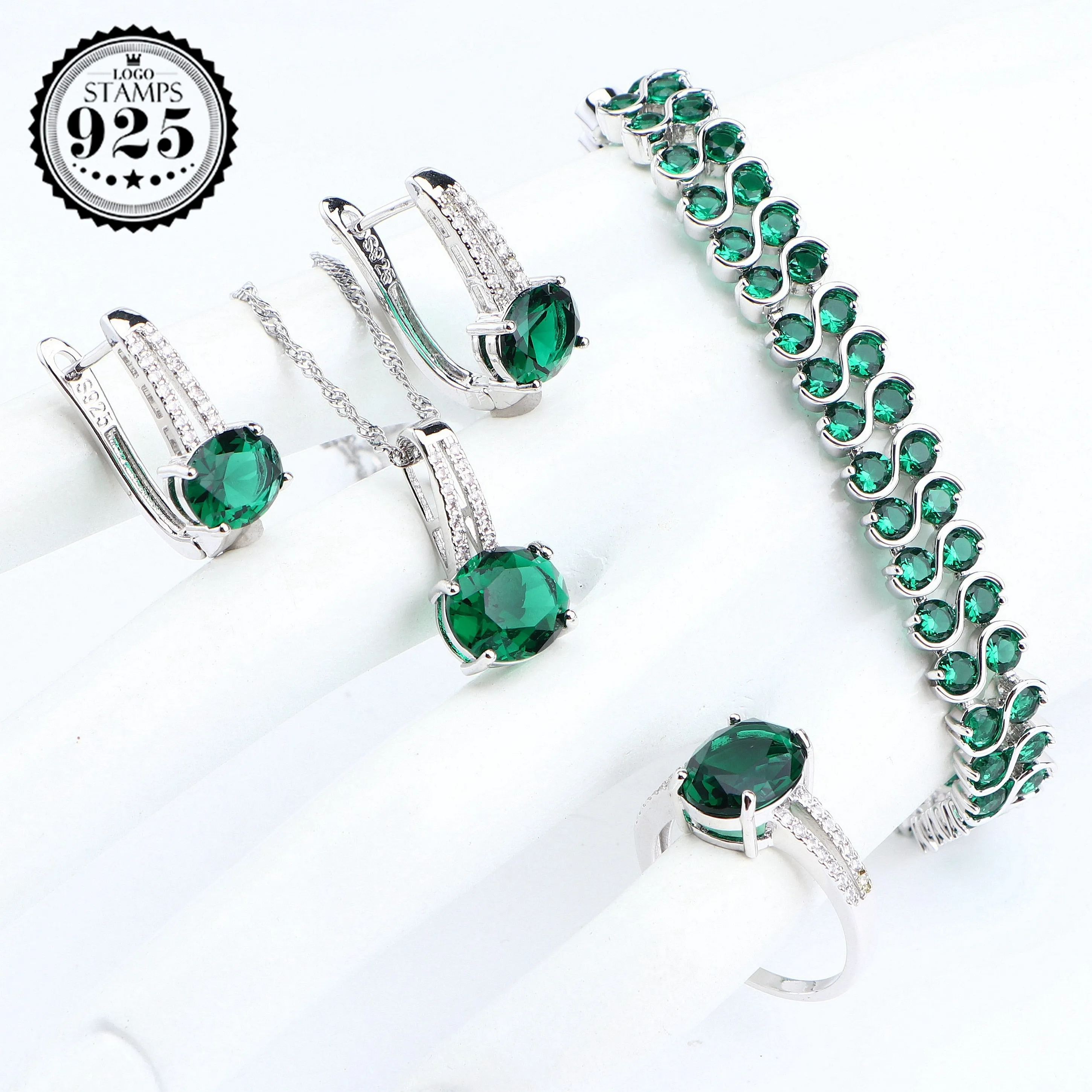 Green CZ Silver Pendant Necklace Bracelets Earrings and Ring