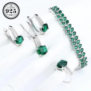 Green CZ Silver Pendant Necklace Bracelets Earrings and Ring