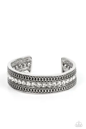 Grit Goals - White - Rhinestone and Studded Silver Paparazzi Cuff Bracelet