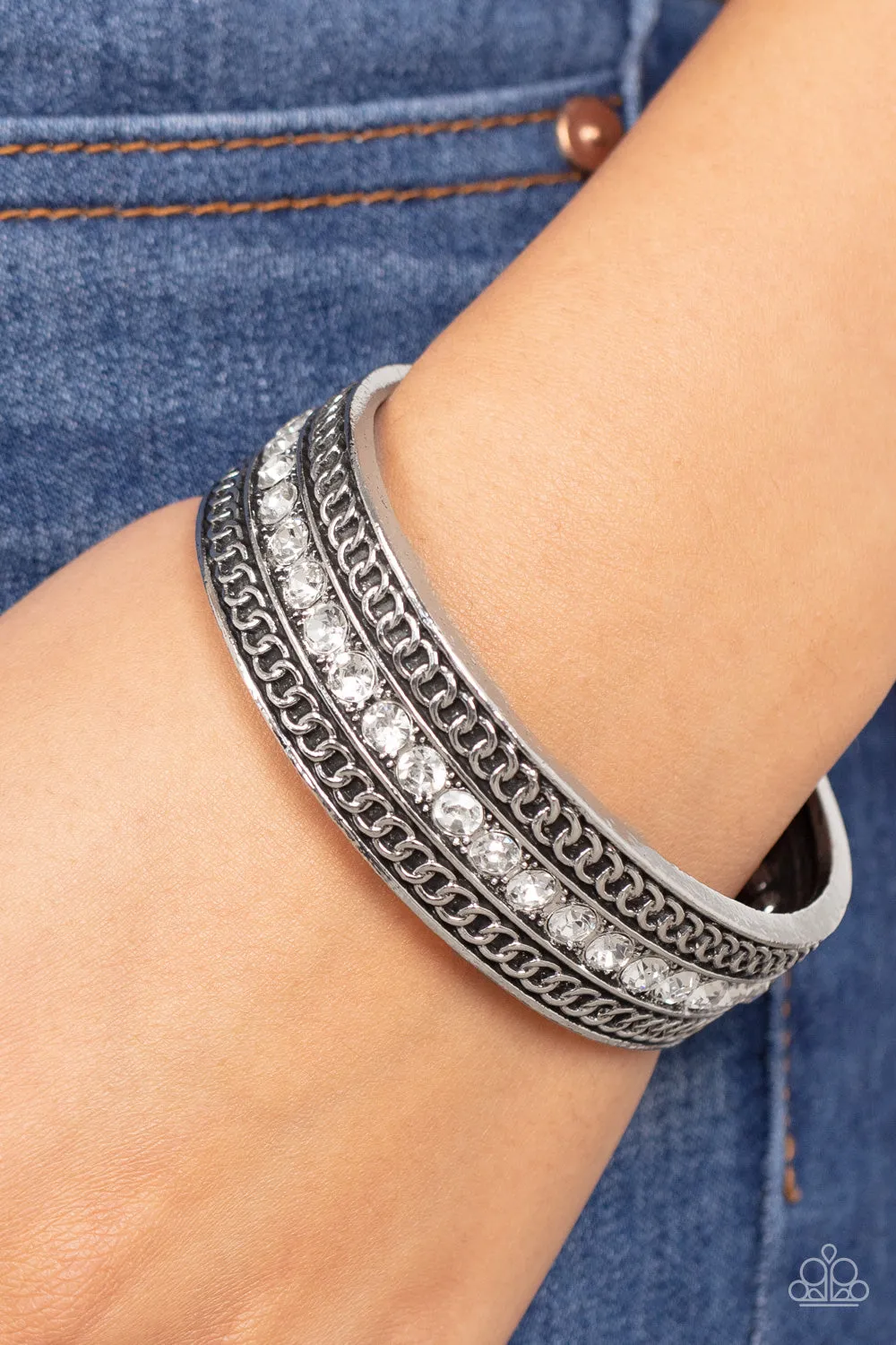 Grit Goals - White - Rhinestone and Studded Silver Paparazzi Cuff Bracelet