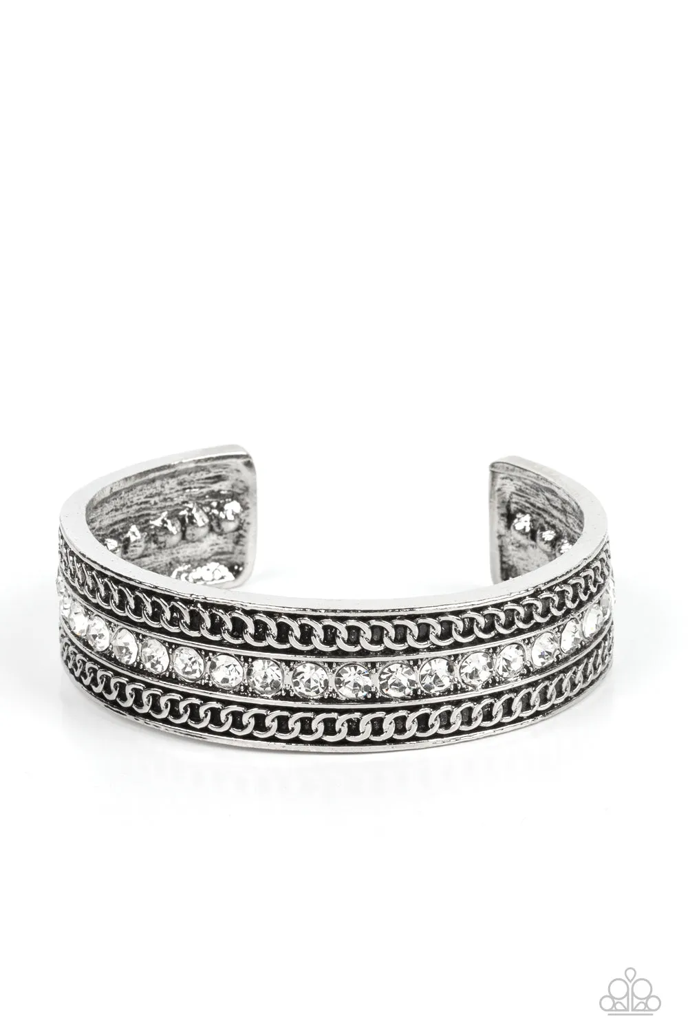 Grit Goals - White - Rhinestone and Studded Silver Paparazzi Cuff Bracelet