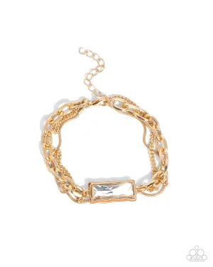 Grungy Gait - Gold - Mismatched Chain Emerald-Cut White Gem Paparazzi Lobster Claw Bracelet