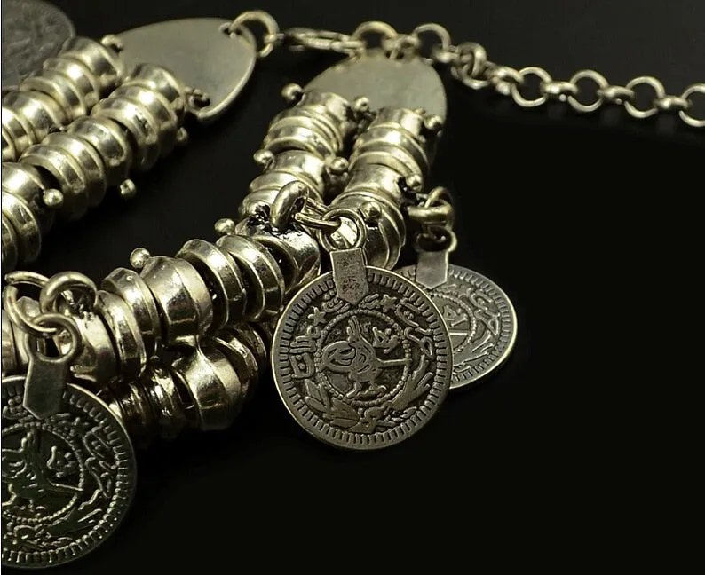 Gypsy Silver Coin Bracelet, Bohemian Vintage Turkish Silver Plated Antalya Bangle Bracelet, Gypsy Silver Coin Bracelet