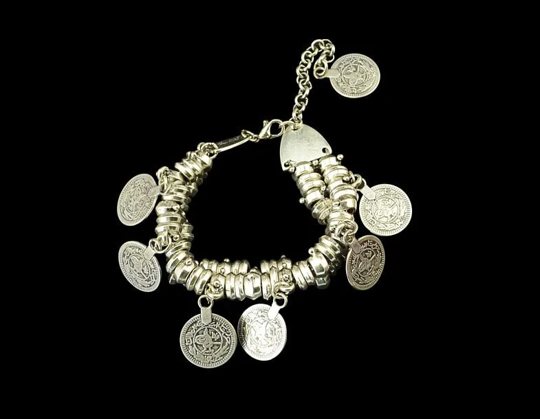 Gypsy Silver Coin Bracelet, Bohemian Vintage Turkish Silver Plated Antalya Bangle Bracelet, Gypsy Silver Coin Bracelet