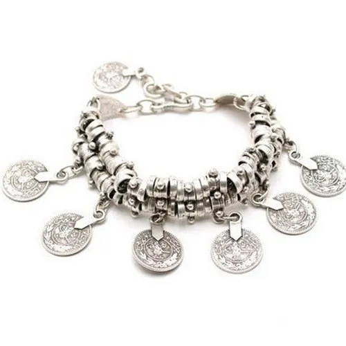 Gypsy Silver Coin Bracelet, Bohemian Vintage Turkish Silver Plated Antalya Bangle Bracelet, Gypsy Silver Coin Bracelet
