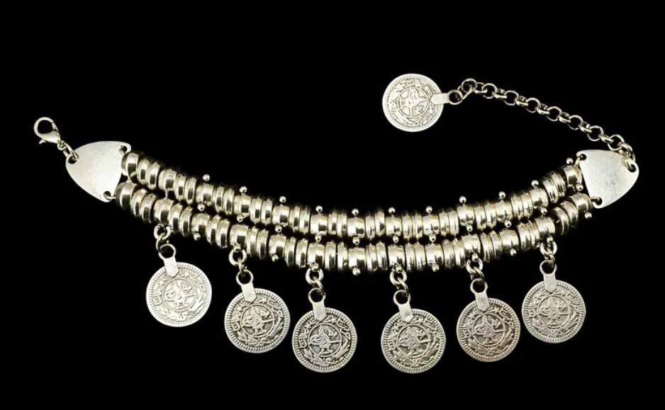 Gypsy Silver Coin Bracelet, Bohemian Vintage Turkish Silver Plated Antalya Bangle Bracelet, Gypsy Silver Coin Bracelet