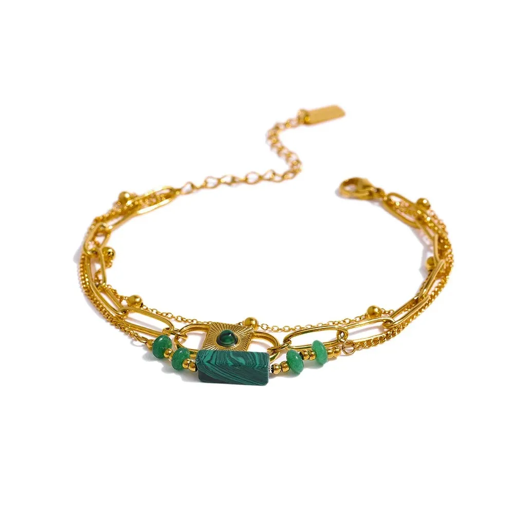 Handcrafted Multi-Layer Stainless Steel Bracelet Bangle with Natural Green Stone