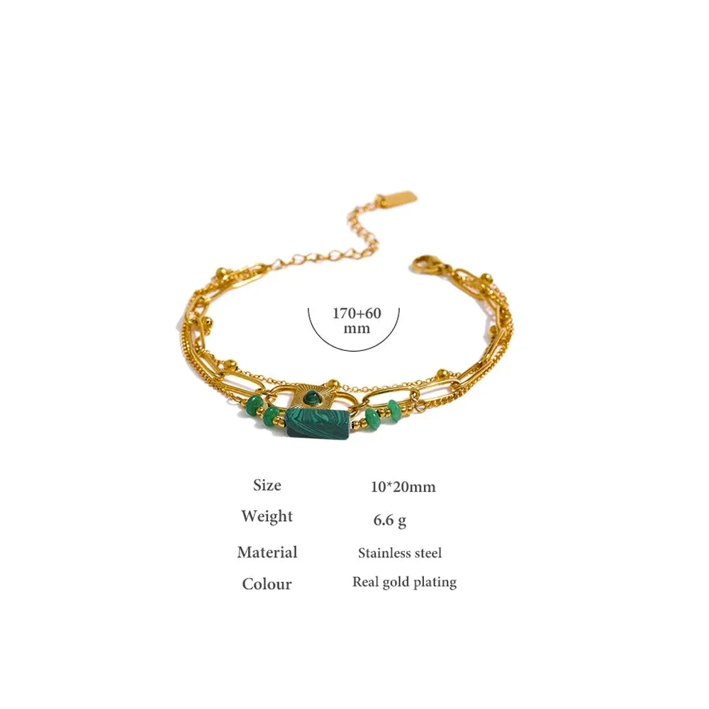 Handcrafted Multi-Layer Stainless Steel Bracelet Bangle with Natural Green Stone
