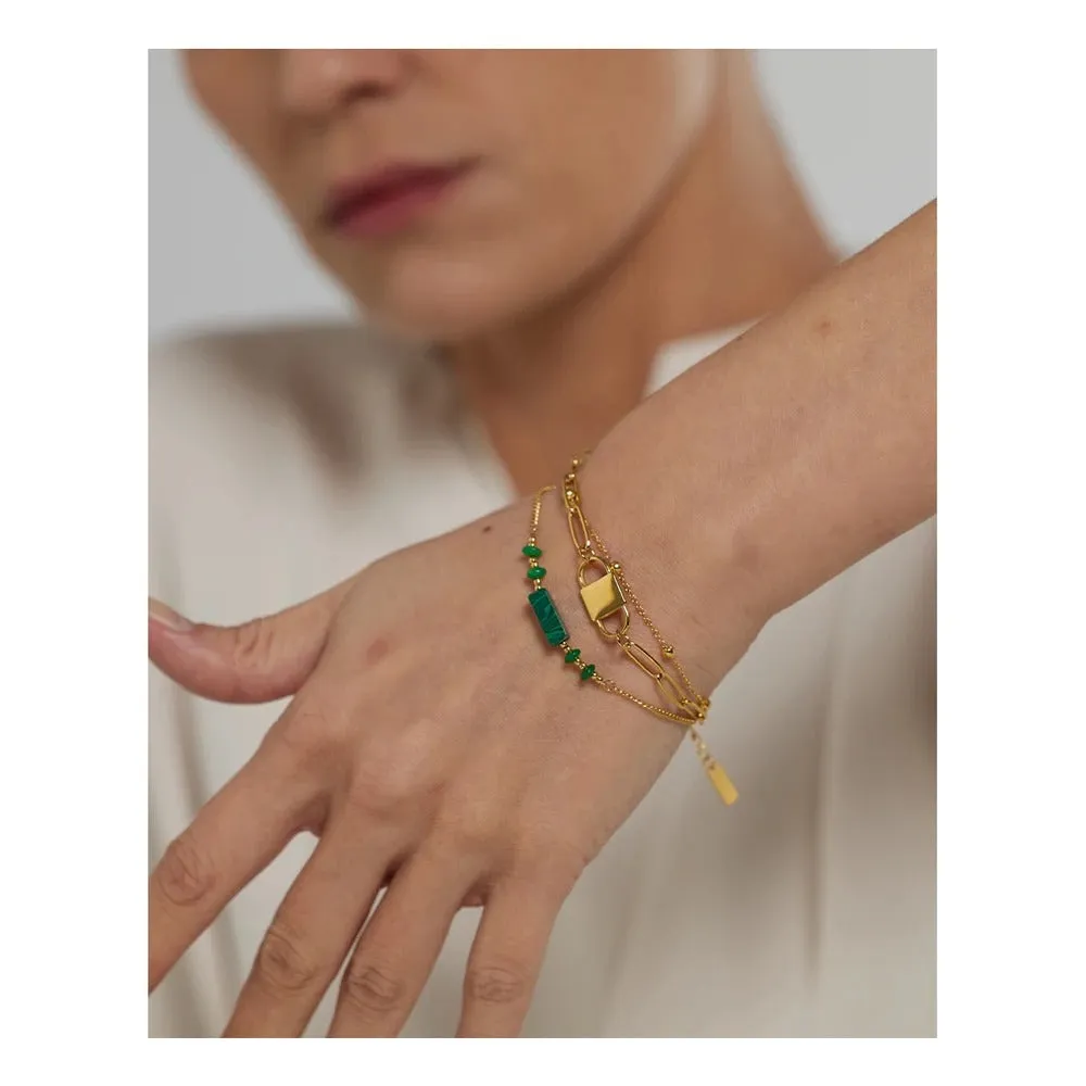 Handcrafted Multi-Layer Stainless Steel Bracelet Bangle with Natural Green Stone