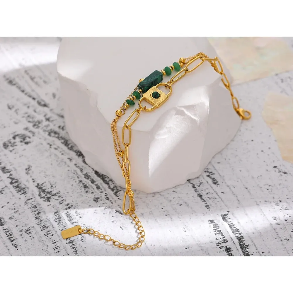 Handcrafted Multi-Layer Stainless Steel Bracelet Bangle with Natural Green Stone