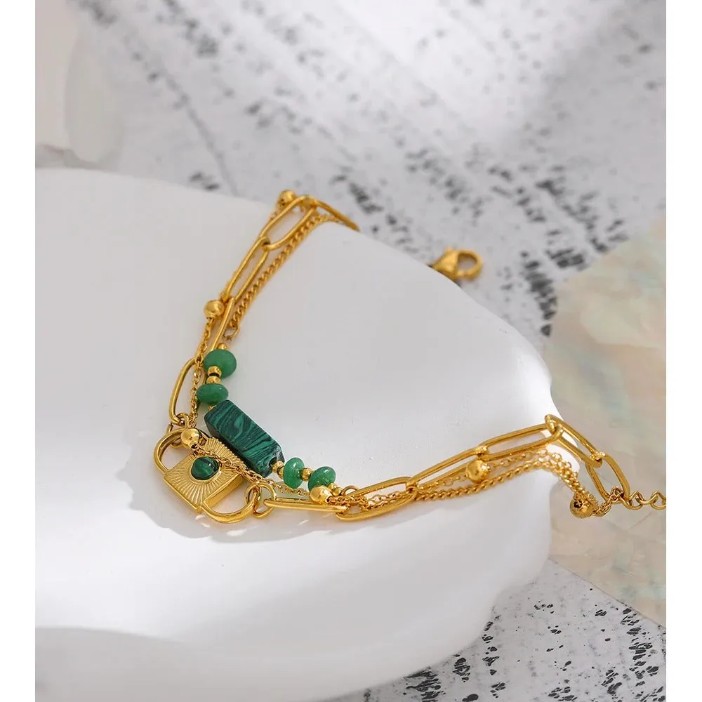Handcrafted Multi-Layer Stainless Steel Bracelet Bangle with Natural Green Stone