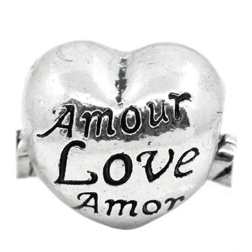 Heart Amour Love Amor Spacer European Bead Compatible for Most European Snake Chain Bracelet