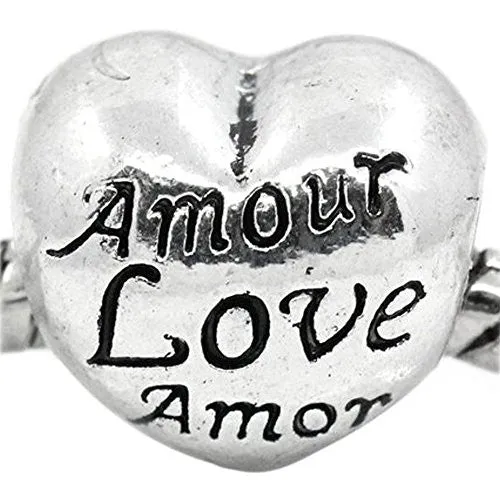 Heart Amour Love Amor Spacer European Bead Compatible for Most European Snake Chain Bracelet