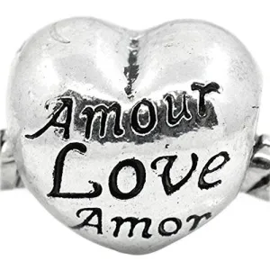 Heart Amour Love Amor Spacer European Bead Compatible for Most European Snake Chain Bracelet