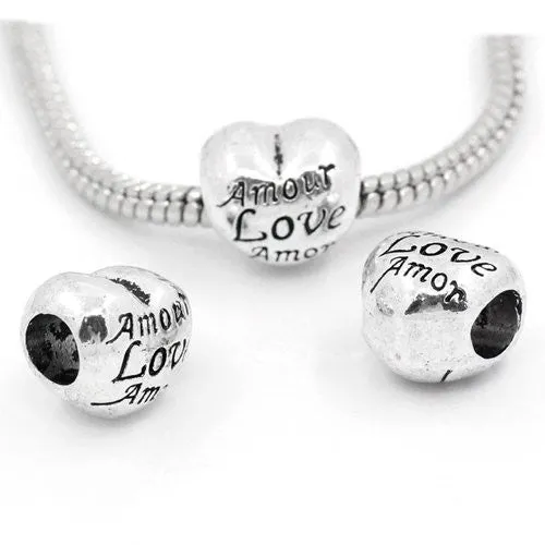 Heart Amour Love Amor Spacer European Bead Compatible for Most European Snake Chain Bracelet